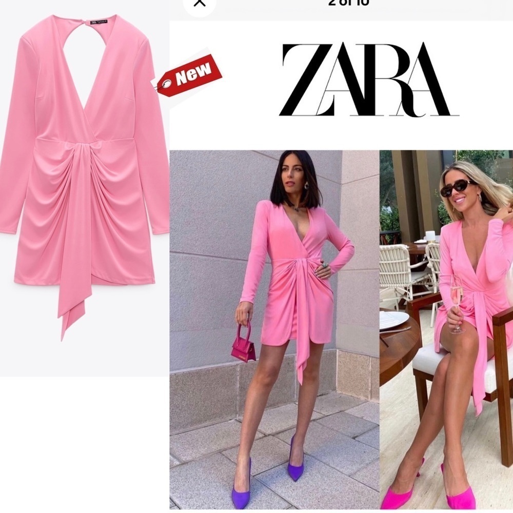 ZARA WOMENS PINK MINI DRAPED KNOTTED V-NECK LONG SLEEVE DRESS NWT M blogger fave
